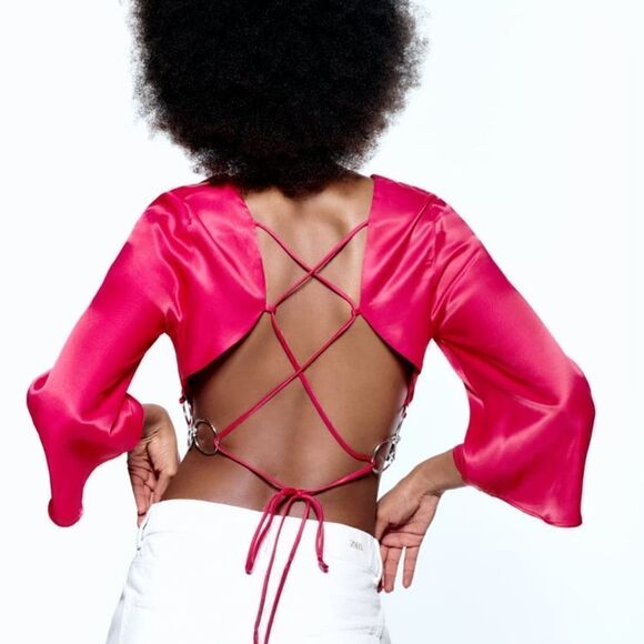 NWT ZARA SATIN TOP WITH RING DETAIL HOT PINK BARBIE PINK TREND - Picture 2 of 6